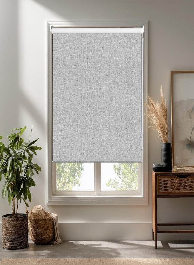Allbright Linen Roller Shades with Wand Rod, Cordless Fabric Roller Blinds with Thermal Insulated, 100% Blackout Window Shades for Home, Office, Bedroom, Grey, 14" W x 64" H - Image 1